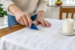 Une personne montre comment enlever une tache de bougie sur une nappe en lin blanc