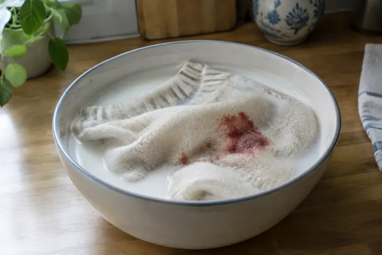 Trempage d'un vêtement délicat dans du lait tiède pour dissoudre une ancienne tache de fruit rouge