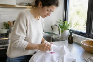 comment enlever une tache de fruit rouge sur un vetement en tamponnant un tissu blanc