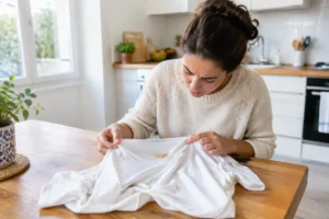 comment enlever une tache sur un vêtement déjà lavé en examinant le tissu sur une table