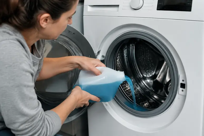 Versement d'un produit nettoyant spécialisé dans le tambour d'une machine à laver moderne