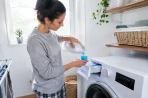 Personne versant du détergent pour machine à laver dans le tiroir à produits d'un lave-linge dans une buanderie.