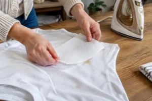 Solution pratique pour enlever tache de cire à épiler sur vêtement avec du papier absorbant.