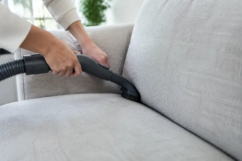 Passer l'embout brosse de l'aspirateur dans les plis du canapé avant d'utiliser la mousse nettoyante.
