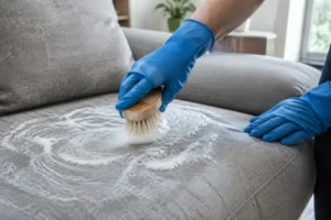 Utilisation d'une mousse nettoyante canapé avec une brosse sur le tissu du meuble