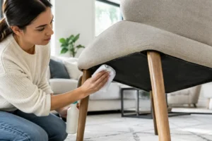 Un test de produit nettoyant sur une chaise en tissu pour nettoyer des chaise en tissu sans risque.