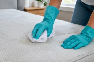 Geste minutieux pour nettoyer tache de sang matelas avec un chiffon blanc propre