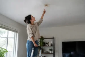 Propriétaire examinant de près une petite tache marron plafond dans son salon.