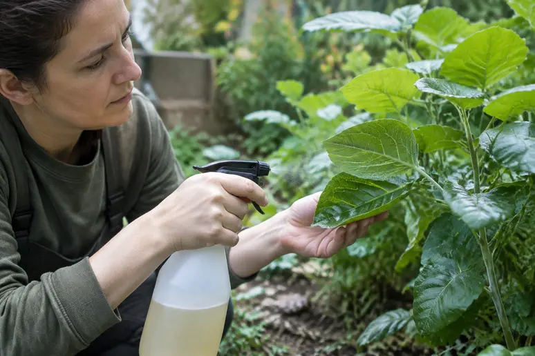 Pulvérisation du traitement naturel anti-pucerons sur le revers des feuilles d'une plante du jardin