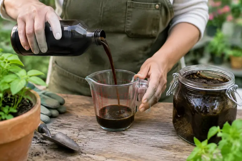 Bouteille de savon noir liquide et pot de pâte sur une table de rempotage pour plantes.