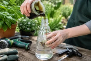 Un jardinier prépare un mélange avec du savon noir plantes dosage dans un vaporisateur.